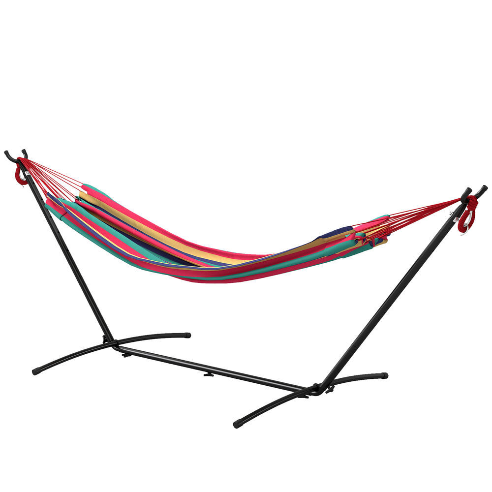 Outsunny hamaca con soporte 310x117 cm hamaca de camping con bolsa de transporte portátil altura ajustable carga 120 kg para patio terraza rayas naranja y rojo