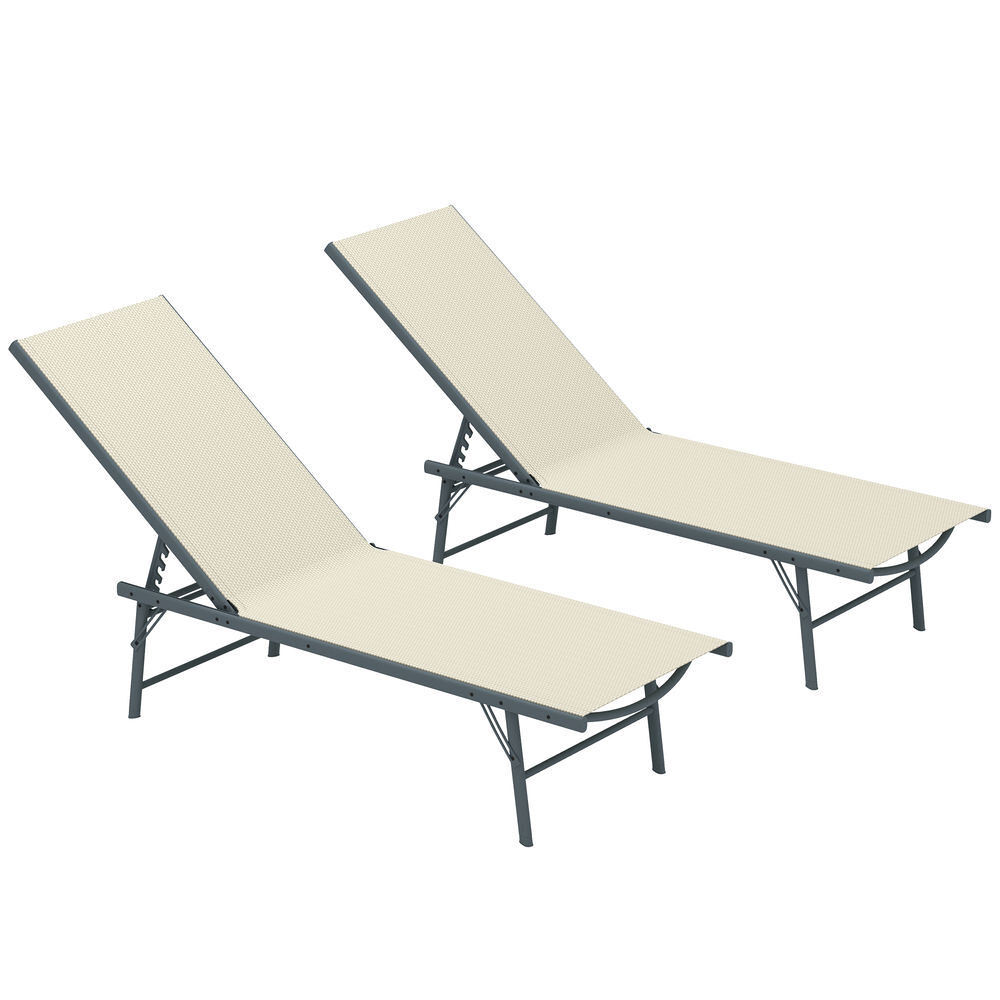 Outsunny pack de 2 tumbonas jardín exterior tumbonas plegables reclinables en 5 posiciones con estructura metálica y asiento de malla transpirable para playa piscina 164x54x84 cm crema