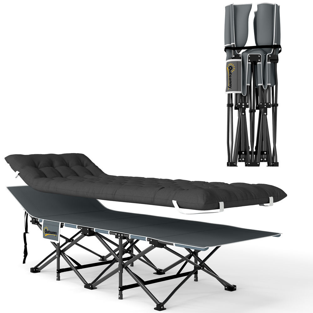 Outsunny cama plegable camping cama de acampada portátil tumbona de camping 600d con reposacabezas colchón extraíble y bolsa de transporte carga 150 kg para playa senderismo 186x68x37 cm negro