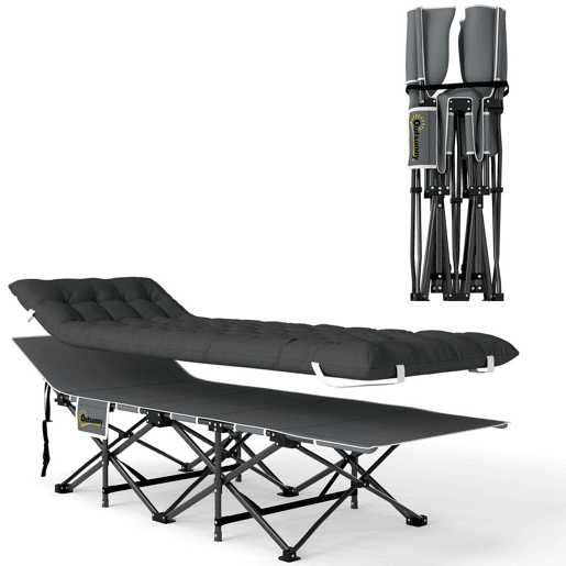 Outsunny Cama Dobrável de Campismo Portátil Espreguiçadeira 600D com Almofada de Cabeça Colchão Removível e Bolsa de Transporte Capacidade 150 kg para Praia e Caminhadas 186x68x37 cm Preto