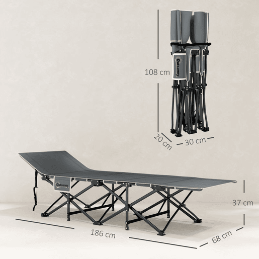 Outsunny Cama Dobrável de Campismo Portátil Espreguiçadeira 600D com Almofada de Cabeça Colchão Removível e Bolsa de Transporte Capacidade 150 kg para Praia e Caminhadas 186x68x37 cm Preto