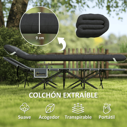 Outsunny Cama Dobrável de Campismo Portátil Espreguiçadeira 600D com Almofada de Cabeça Colchão Removível e Bolsa de Transporte Capacidade 150 kg para Praia e Caminhadas 186x68x37 cm Preto