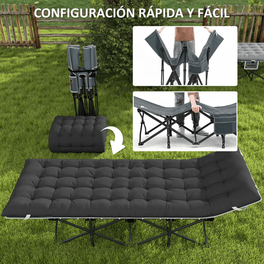 Outsunny Cama Dobrável de Campismo Portátil Espreguiçadeira 600D com Almofada de Cabeça Colchão Removível e Bolsa de Transporte Capacidade 150 kg para Praia e Caminhadas 186x68x37 cm Preto
