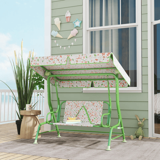 AIYAPLAY Baloiço de Jardim para Crianças acima de 3 Anos Baloiço Infantil de Exterior com 2 Lugares Toldo Ajustável Cinto de Segurança e Desenho de Borboletas 112x75x120 cm Verde