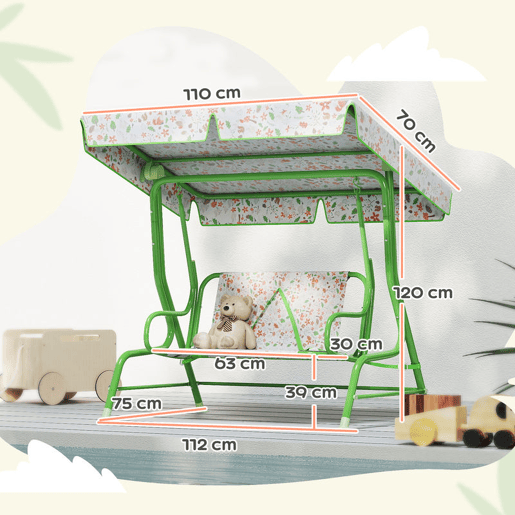 AIYAPLAY Baloiço de Jardim para Crianças acima de 3 Anos Baloiço Infantil de Exterior com 2 Lugares Toldo Ajustável Cinto de Segurança e Desenho de Borboletas 112x75x120 cm Verde