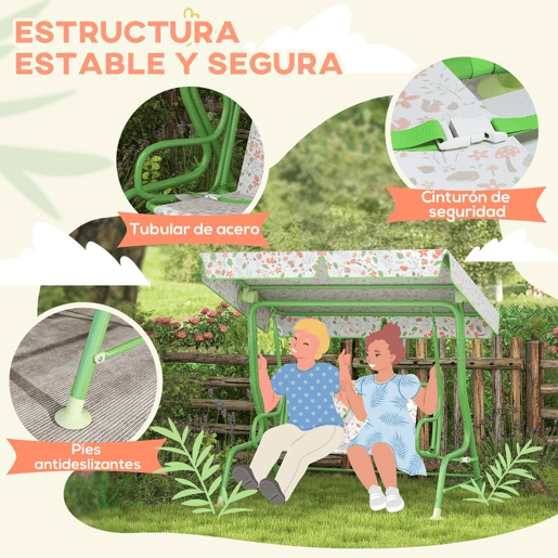 AIYAPLAY Baloiço de Jardim para Crianças acima de 3 Anos Baloiço Infantil de Exterior com 2 Lugares Toldo Ajustável Cinto de Segurança e Desenho de Borboletas 112x75x120 cm Verde
