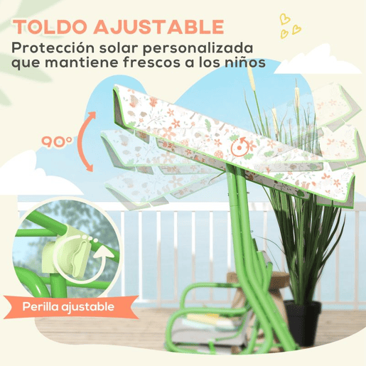 AIYAPLAY Baloiço de Jardim para Crianças acima de 3 Anos Baloiço Infantil de Exterior com 2 Lugares Toldo Ajustável Cinto de Segurança e Desenho de Borboletas 112x75x120 cm Verde