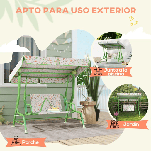 AIYAPLAY Baloiço de Jardim para Crianças acima de 3 Anos Baloiço Infantil de Exterior com 2 Lugares Toldo Ajustável Cinto de Segurança e Desenho de Borboletas 112x75x120 cm Verde