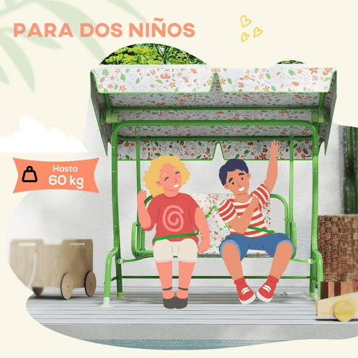 AIYAPLAY Baloiço de Jardim para Crianças acima de 3 Anos Baloiço Infantil de Exterior com 2 Lugares Toldo Ajustável Cinto de Segurança e Desenho de Borboletas 112x75x120 cm Verde