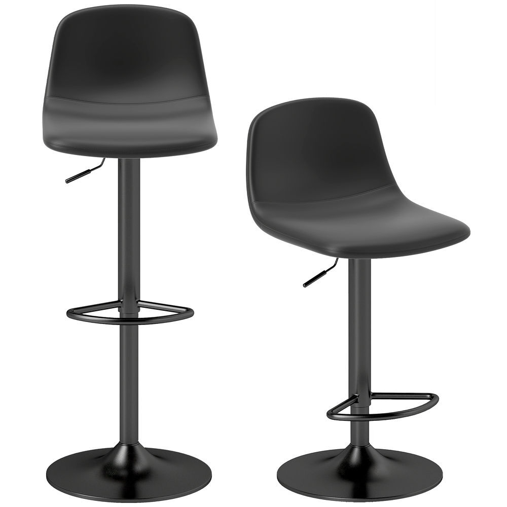 Homcom juego de 2 taburetes de bar taburetes altos de cocina regulable en altura 84-104 cm con respaldo y reposapiés tapizado en pu giratorio en 360° para comedor mostrador negro