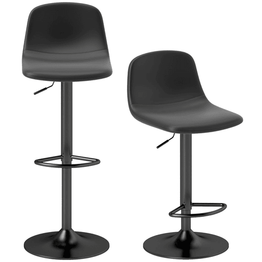 HOMCOM Conjunto de 2 Bancos de Bar Bancos Altos de Cozinha Reguláveis em Altura 84-104 cm com Encosto e Apoio para os Pés Estofadas em PU Giratórias em 360° para Sala de Jantar Varanda Preto