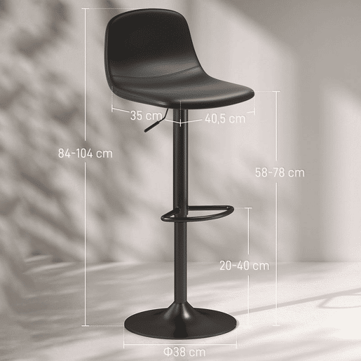 HOMCOM Conjunto de 2 Bancos de Bar Bancos Altos de Cozinha Reguláveis em Altura 84-104 cm com Encosto e Apoio para os Pés Estofadas em PU Giratórias em 360° para Sala de Jantar Varanda Preto
