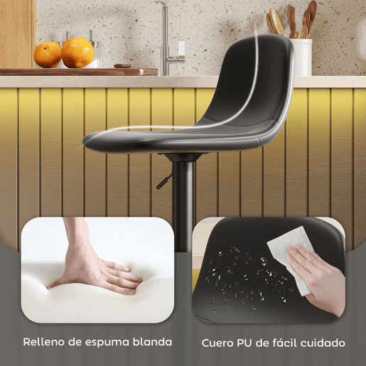 HOMCOM Conjunto de 2 Bancos de Bar Bancos Altos de Cozinha Reguláveis em Altura 84-104 cm com Encosto e Apoio para os Pés Estofadas em PU Giratórias em 360° para Sala de Jantar Varanda Preto
