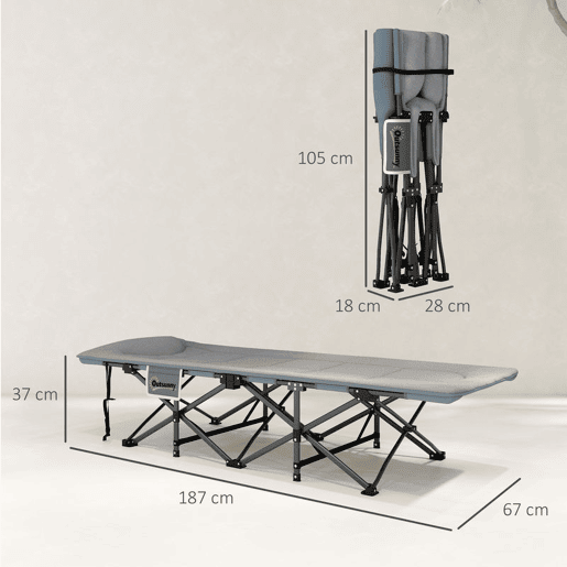 Outsunny Cama Dobrável de Campismo Cama Portátil para Acampamento Praia com Apoio de Cabeça e Bolso Lateral Suporta até 150 kg 187x67x37 cm Cinzento