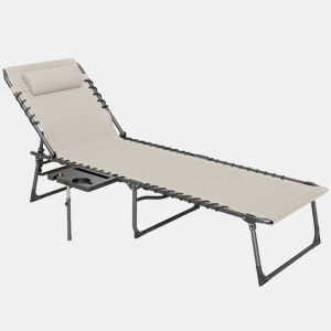 Outsunny Espreguiçadeira Dobrável, Espreguiçadeira de Jardim para Exterior com Encosto Ajustável, Apoio de Cabeça, Bolso Lateral, Bandeja e Estrutura de Aço, Suporta até 120 kg, 190x60x31 cm, Creme