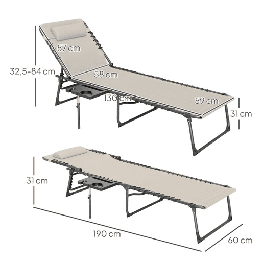 Outsunny Espreguiçadeira Dobrável, Espreguiçadeira de Jardim para Exterior com Encosto Ajustável, Apoio de Cabeça, Bolso Lateral, Bandeja e Estrutura de Aço, Suporta até 120 kg, 190x60x31 cm, Creme
