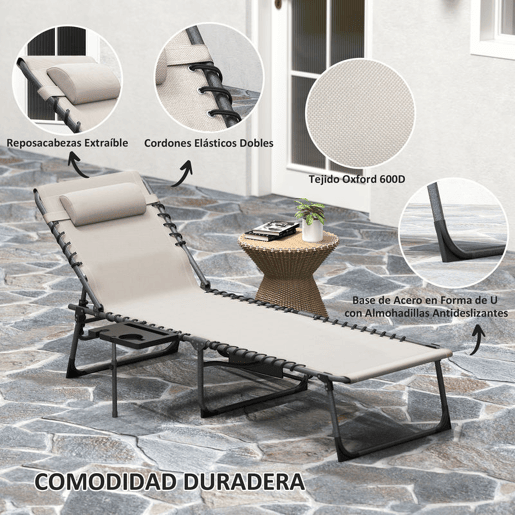 Outsunny Espreguiçadeira Dobrável, Espreguiçadeira de Jardim para Exterior com Encosto Ajustável, Apoio de Cabeça, Bolso Lateral, Bandeja e Estrutura de Aço, Suporta até 120 kg, 190x60x31 cm, Creme