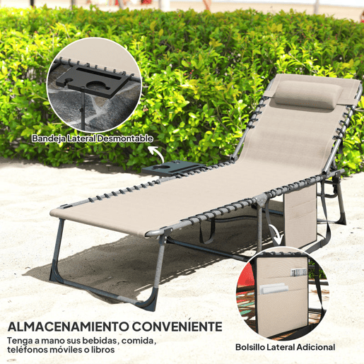 Outsunny Espreguiçadeira Dobrável, Espreguiçadeira de Jardim para Exterior com Encosto Ajustável, Apoio de Cabeça, Bolso Lateral, Bandeja e Estrutura de Aço, Suporta até 120 kg, 190x60x31 cm, Creme