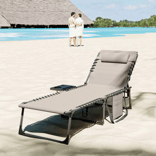 Outsunny Espreguiçadeira Dobrável, Espreguiçadeira de Jardim para Exterior com Encosto Ajustável, Apoio de Cabeça, Bolso Lateral, Bandeja e Estrutura de Aço, Suporta até 120 kg, 190x60x31 cm, Creme