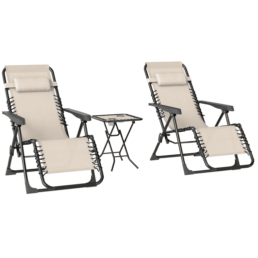 Outsunny Conjunto de 2 Espreguiçadeiras Jardim Dobráveis com Mesa Auxiliar Porta-Copos Espreguiçadeiras de Gravidade Zero com Encosto Ajustável Apoios de Braço Removíveis para Pátio Piscina Bege