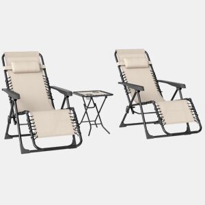 Outsunny Conjunto de 2 Espreguiçadeiras Jardim Dobráveis com Mesa Auxiliar Porta-Copos Espreguiçadeiras de Gravidade Zero com Encosto Ajustável Apoios de Braço Removíveis para Pátio Piscina Bege