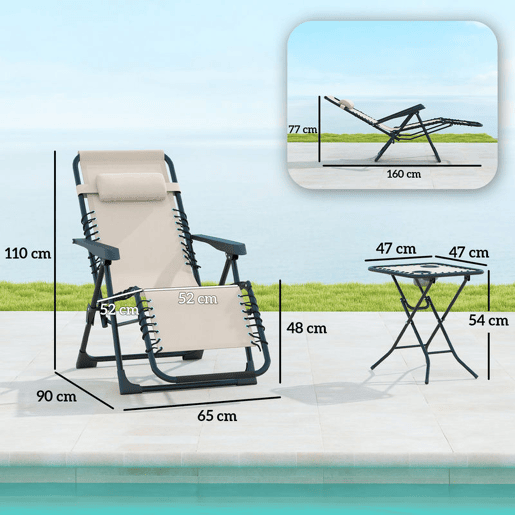Outsunny Conjunto de 2 Espreguiçadeiras Jardim Dobráveis com Mesa Auxiliar Porta-Copos Espreguiçadeiras de Gravidade Zero com Encosto Ajustável Apoios de Braço Removíveis para Pátio Piscina Bege