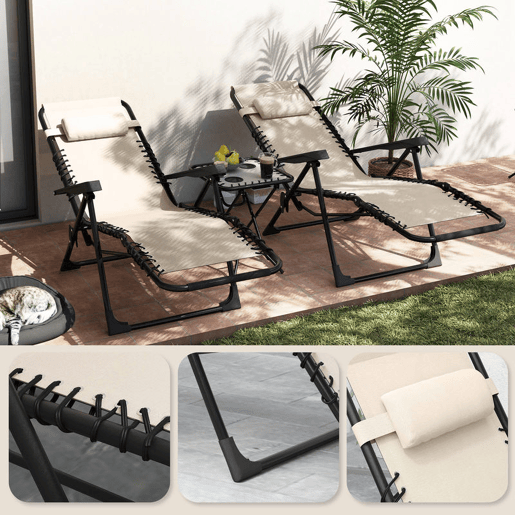 Outsunny Conjunto de 2 Espreguiçadeiras Jardim Dobráveis com Mesa Auxiliar Porta-Copos Espreguiçadeiras de Gravidade Zero com Encosto Ajustável Apoios de Braço Removíveis para Pátio Piscina Bege
