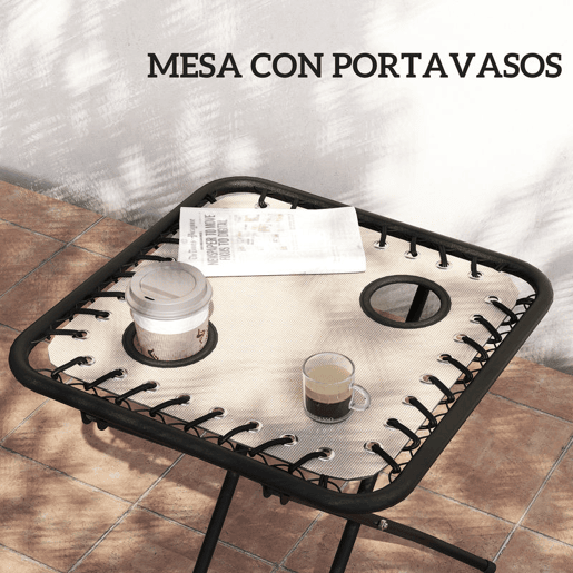 Outsunny Conjunto de 2 Espreguiçadeiras Jardim Dobráveis com Mesa Auxiliar Porta-Copos Espreguiçadeiras de Gravidade Zero com Encosto Ajustável Apoios de Braço Removíveis para Pátio Piscina Bege