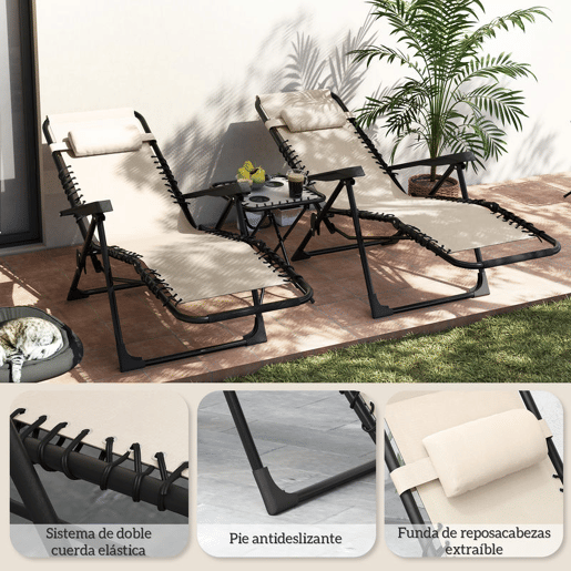 Outsunny Conjunto de 2 Espreguiçadeiras Jardim Dobráveis com Mesa Auxiliar Porta-Copos Espreguiçadeiras de Gravidade Zero com Encosto Ajustável Apoios de Braço Removíveis para Pátio Piscina Bege