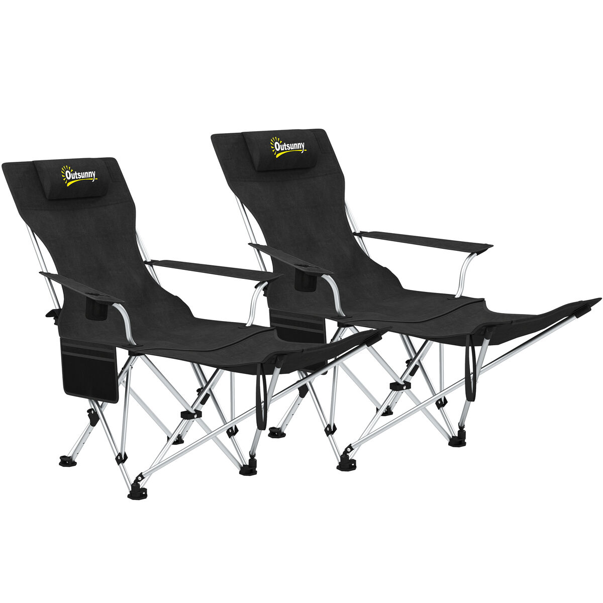 Outsunny conjunto de 2 sillas plegables camping tumbonas camping portátiles con reposapiés desmontable reposacabezas portavasos y bolsa lateral carga 120 kg para jardín playa pesca negro