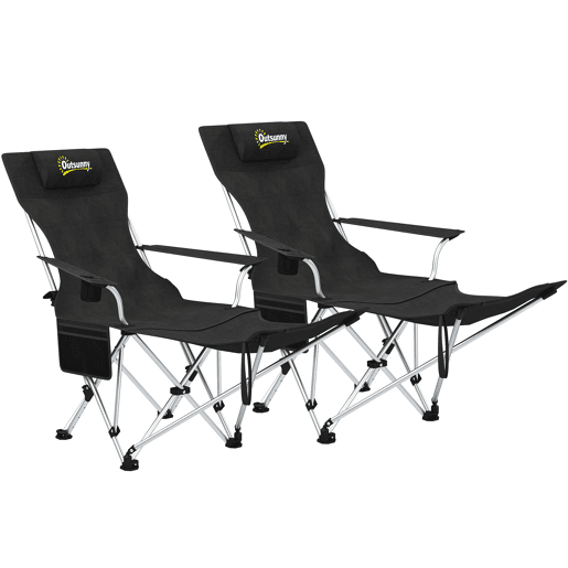 Outsunny Conjunto de 2 Cadeiras Dobráveis Campismo Portáteis com Apoio para os Pés Desmontável Apoio para a Cabeça Porta-Copos e Bolsa Lateral Carga 120 kg para Jardim Praia Pesca 50-100x82x88 cm Preto