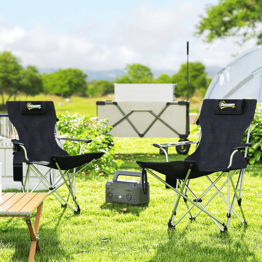 Outsunny Conjunto de 2 Cadeiras Dobráveis Campismo Portáteis com Apoio para os Pés Desmontável Apoio para a Cabeça Porta-Copos e Bolsa Lateral Carga 120 kg para Jardim Praia Pesca 50-100x82x88 cm Preto