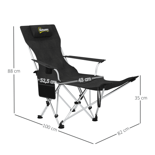 Outsunny Conjunto de 2 Cadeiras Dobráveis Campismo Portáteis com Apoio para os Pés Desmontável Apoio para a Cabeça Porta-Copos e Bolsa Lateral Carga 120 kg para Jardim Praia Pesca 50-100x82x88 cm Preto