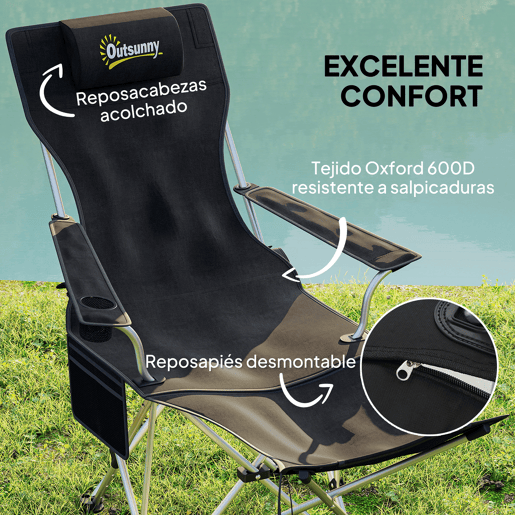 Outsunny Conjunto de 2 Cadeiras Dobráveis Campismo Portáteis com Apoio para os Pés Desmontável Apoio para a Cabeça Porta-Copos e Bolsa Lateral Carga 120 kg para Jardim Praia Pesca 50-100x82x88 cm Preto
