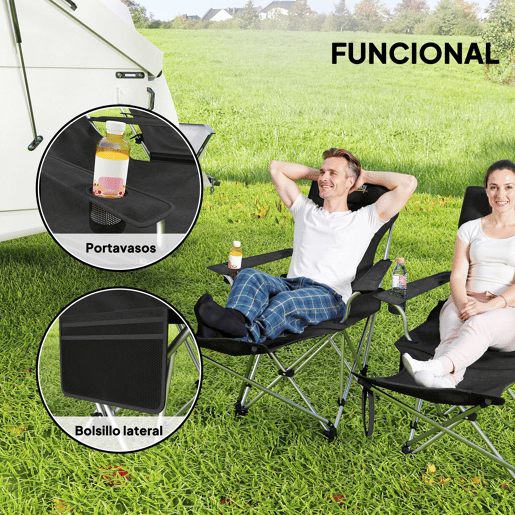 Outsunny Conjunto de 2 Cadeiras Dobráveis Campismo Portáteis com Apoio para os Pés Desmontável Apoio para a Cabeça Porta-Copos e Bolsa Lateral Carga 120 kg para Jardim Praia Pesca 50-100x82x88 cm Preto