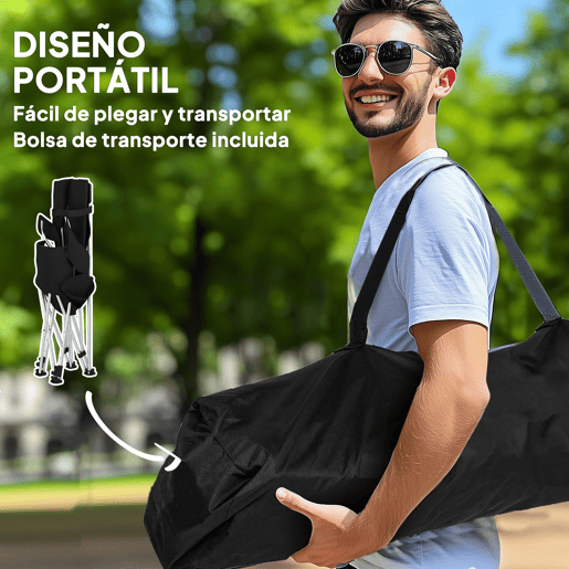 Outsunny Conjunto de 2 Cadeiras Dobráveis Campismo Portáteis com Apoio para os Pés Desmontável Apoio para a Cabeça Porta-Copos e Bolsa Lateral Carga 120 kg para Jardim Praia Pesca 50-100x82x88 cm Preto
