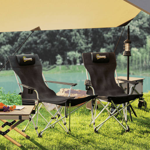 Outsunny Conjunto de 2 Cadeiras Dobráveis Campismo Portáteis com Apoio para os Pés Desmontável Apoio para a Cabeça Porta-Copos e Bolsa Lateral Carga 120 kg para Jardim Praia Pesca 50-100x82x88 cm Preto