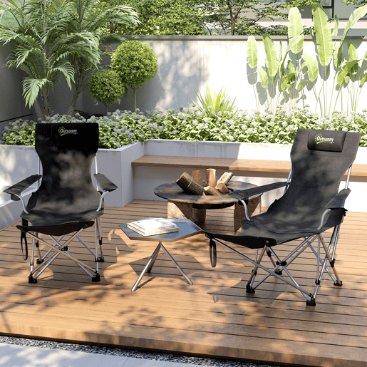 Outsunny Conjunto de 2 Cadeiras Dobráveis Campismo Portáteis com Apoio para os Pés Desmontável Apoio para a Cabeça Porta-Copos e Bolsa Lateral Carga 120 kg para Jardim Praia Pesca 50-100x82x88 cm Preto