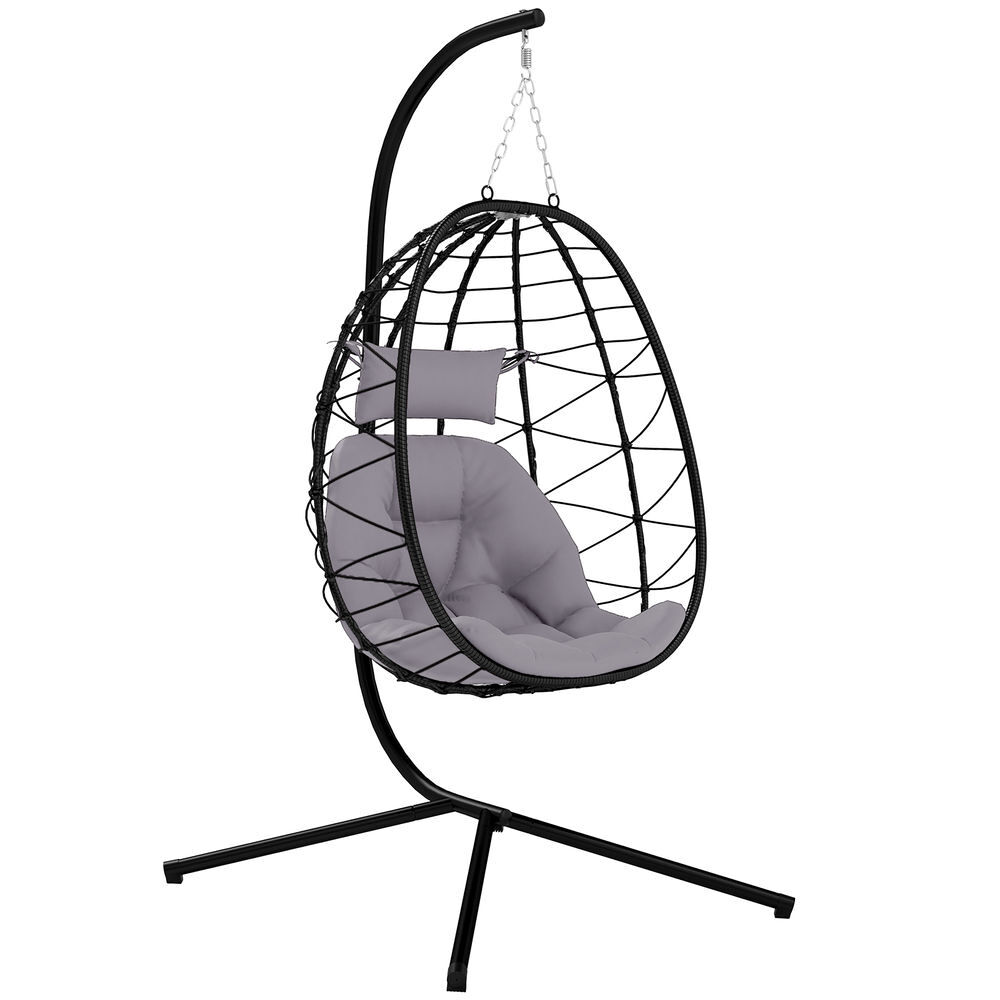Outsunny silla colgante huevo con soporte columpio jardín exterior con cesta plegable cojín y reposacabezas columpio colgante para interior y exterior carga 120 kg gris