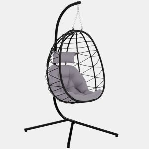 Outsunny Cadeira Suspensa com Suporte Baloiço Jardim com Cesto Dobrável Almofada e Apoio de Cabeça Baloiço Suspenso para Interior e Exterior Carga 120 kg 98x95x198 cm Cinzento