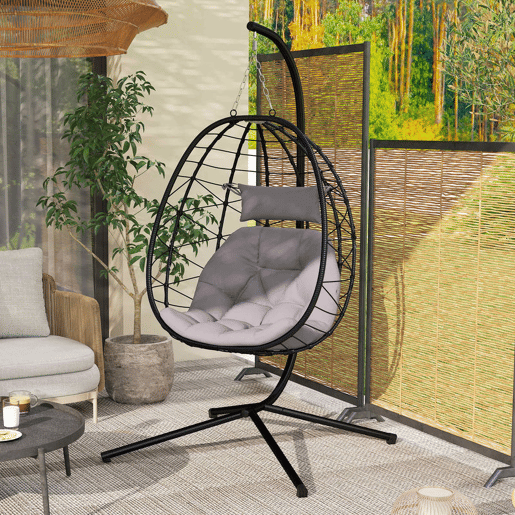 Outsunny Cadeira Suspensa com Suporte Baloiço Jardim com Cesto Dobrável Almofada e Apoio de Cabeça Baloiço Suspenso para Interior e Exterior Carga 120 kg 98x95x198 cm Cinzento