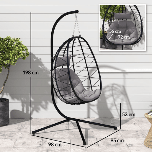 Outsunny Cadeira Suspensa com Suporte Baloiço Jardim com Cesto Dobrável Almofada e Apoio de Cabeça Baloiço Suspenso para Interior e Exterior Carga 120 kg 98x95x198 cm Cinzento