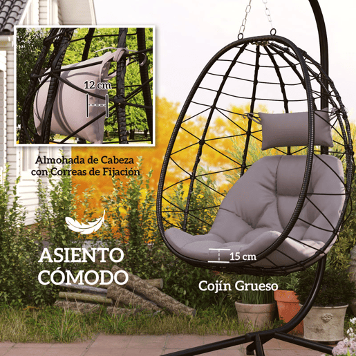 Outsunny Cadeira Suspensa com Suporte Baloiço Jardim com Cesto Dobrável Almofada e Apoio de Cabeça Baloiço Suspenso para Interior e Exterior Carga 120 kg 98x95x198 cm Cinzento