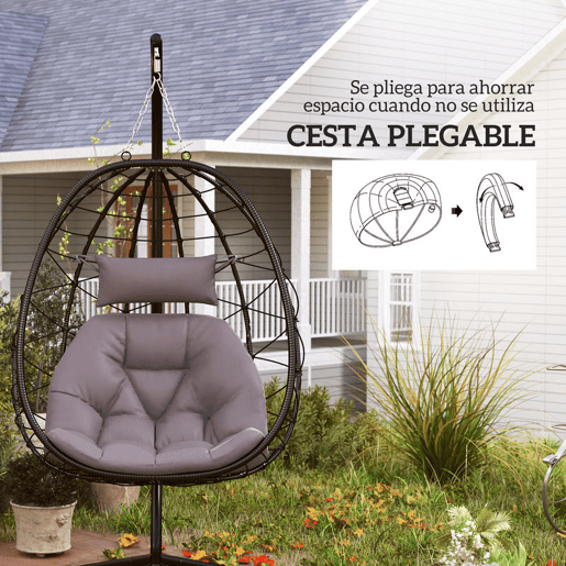 Outsunny Cadeira Suspensa com Suporte Baloiço Jardim com Cesto Dobrável Almofada e Apoio de Cabeça Baloiço Suspenso para Interior e Exterior Carga 120 kg 98x95x198 cm Cinzento
