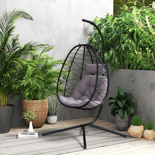 Outsunny Cadeira Suspensa com Suporte Baloiço Jardim com Cesto Dobrável Almofada e Apoio de Cabeça Baloiço Suspenso para Interior e Exterior Carga 120 kg 98x95x198 cm Cinzento