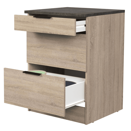 Móvel de cozinha inferior Arko estilo industrial em carvalho bruto e preto com 3 gavetas 60x86x60 cm