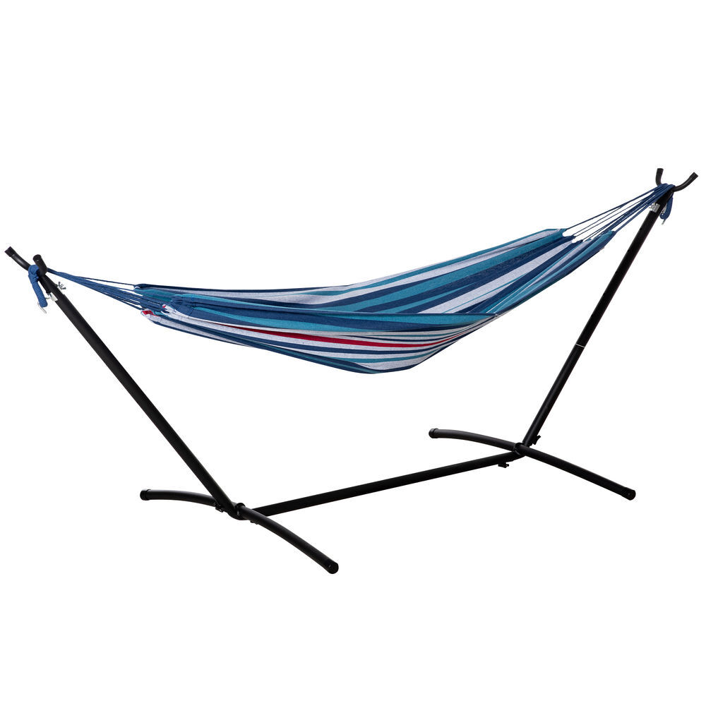 Outsunny hamaca con soporte 310x117 cm hamaca de camping con bolsa de transporte portátil altura ajustable carga 120 kg para patio terraza rayas azul y blanco