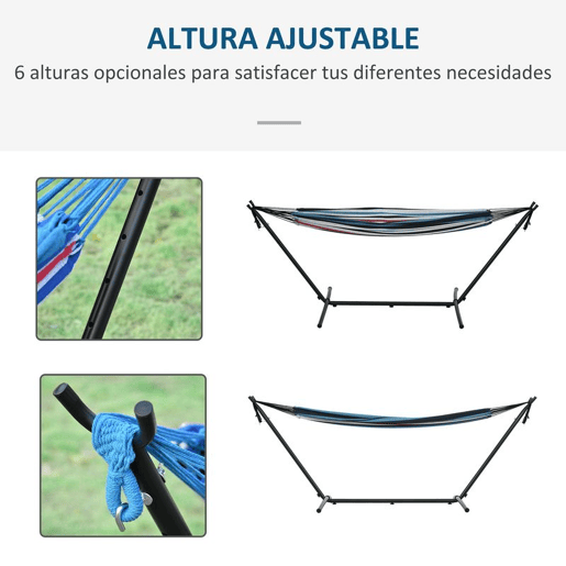 Outsunny Cama Rede com Suporte 310x117 cm Cama Rede de Campismo com Bolsa de Transporte Portátil Altura Ajustável Capacidade 120 kg para Pátio Varanda Azul e Branco
