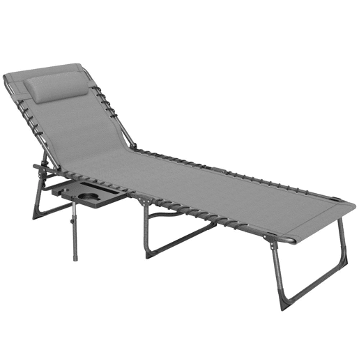 Outsunny Espreguiçadeira Dobrável Espreguiçadeira Jardim com Encosto Ajustável Apoio de Cabeça Bolsa Lateral Bandeja e Estrutura de Aço Carga 120 kg para Terraço Piscina Praia 190x60x31 cm Cinza