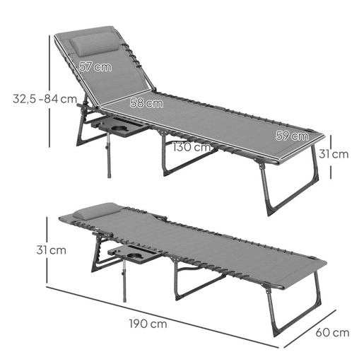 Outsunny Espreguiçadeira Dobrável Espreguiçadeira Jardim com Encosto Ajustável Apoio de Cabeça Bolsa Lateral Bandeja e Estrutura de Aço Carga 120 kg para Terraço Piscina Praia 190x60x31 cm Cinza